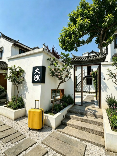 在左侧墙面黑色方框内竖着增加白色手写体的“大理”两个字，保持图片整体风格不变，其他元素保留预览效果