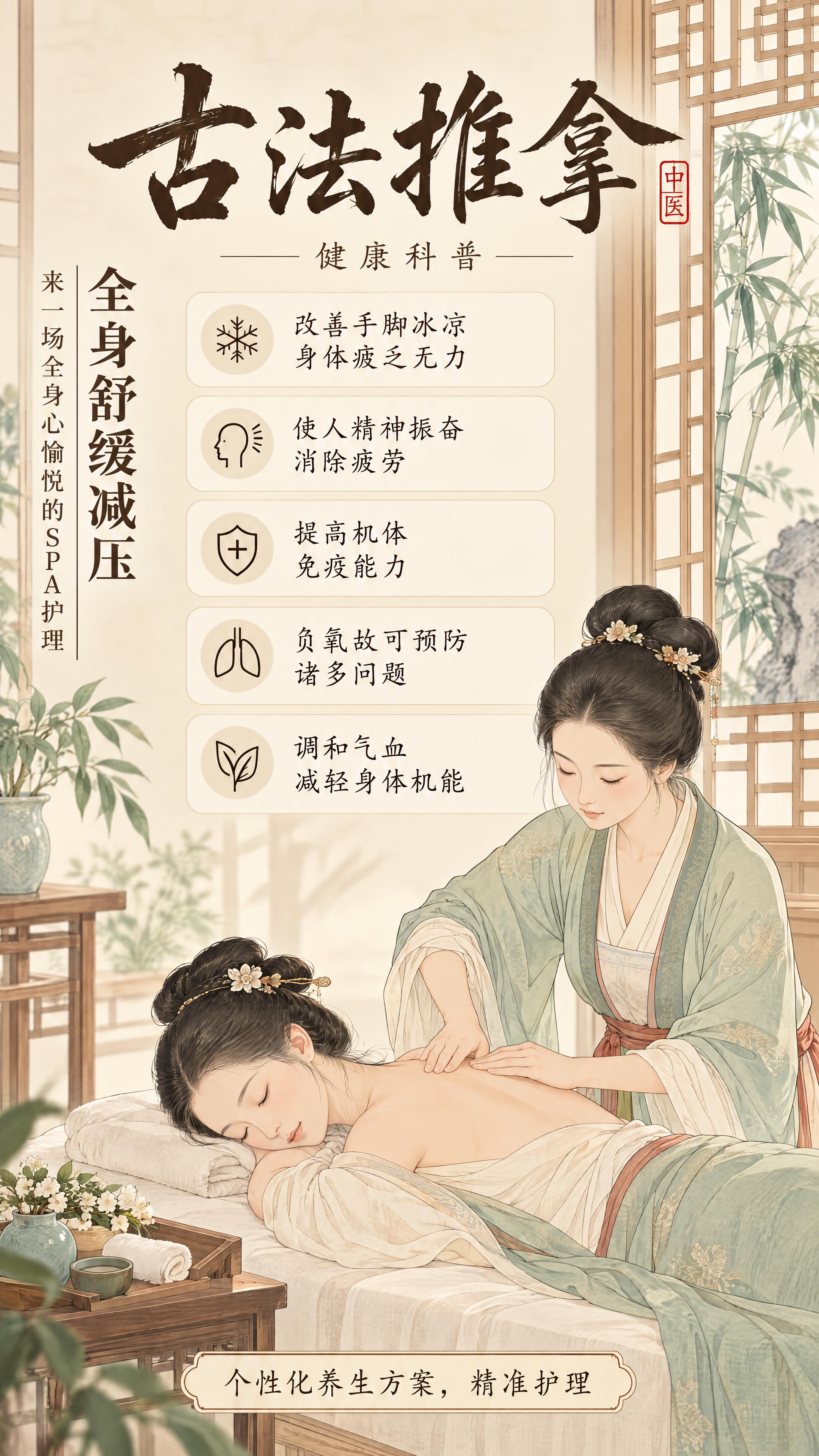参考图一的古法推拿海报内容，参考图二的清爽干净宋代工笔画风格，… - 图片创意预览