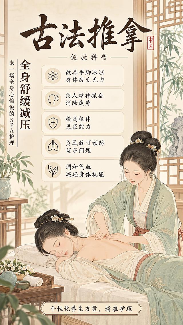参考图一的古法推拿海报内容，参考图二的清爽干净宋代工笔画风格，重新制作一张古法推拿竖版海报。整体风格向图二看齐：明亮清爽的浅米黄色调，干净简洁的画面，不要图一那么沉重暗黄的色调和繁复的装饰。

具体要求：
1. 整体色调：明亮清爽的浅米黄色，类似图二的干净色调，画面通透不沉闷
2. 主标题：「古法推拿」大字，宋代书法字体，干净利落，配小字「健康科普」
3. 人物场景：宋代工笔画风格的背部推拿场景，两位宋代服饰的女子，一位为另一位进行背部推拿按摩，人物造型和画风参考图二的清爽工笔风格，线条干净，设色明快
4. 功效说明：五条功效文字，排版简洁清晰，用简洁的圆角浅色卡片和小图标区分，不要图一那种沉重的竖卷轴样式
   - 改善手脚冰凉 身体疲乏无力
   - 使人精神振奋 消除疲劳
   - 提高机体免疫能力
   - 负氧故可预防诸多问题
   - 调和气血 减轻身体机能
   每条配一个简约的线性小图标
5. 左侧文字：「全身舒缓减压 来一场全身心愉悦的SPA护理」改为简洁排版
6. 背景：简洁的室内场景，宋代风格的窗棂、竹石、绿植点缀，干净不繁杂
7. 底部标语：「个性化养生方案，精准护理」，排版简洁
8. 印章：仅保留一枚简洁的红色「中医」印章，不要图一那么多印章和繁复的祥云山水装饰
9. 整体风格：清爽干净，宋代工笔人物画风格，线条清晰，设色淡雅明快，画面通透不沉重

保留图一的核心内容和信息，风格向图二的清爽干净看齐。