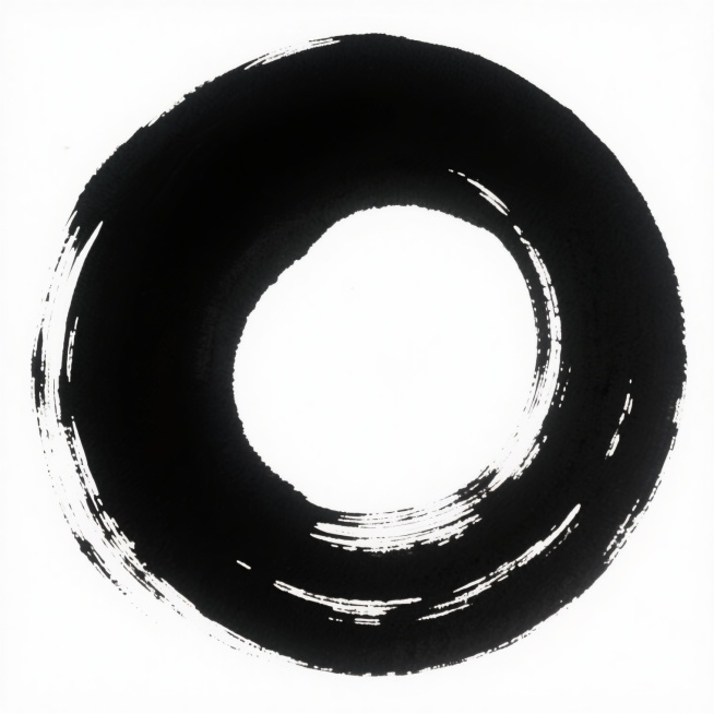 一个由浓黑墨色绘制的圆形笔触图案，呈现出粗犷有力的书法笔触质感，线条边缘带有自然的飞白和墨晕效果，整体具有强烈的手绘感和东方水墨韵味，背景为纯白色，圆形笔触占据画面中心位置，构图简洁而富有张力，墨色浓淡变化自然，展现出洒脱不羁的艺术风格。预览效果