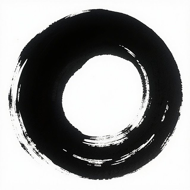 一个由浓黑墨色绘制的圆形笔触图案，呈现出粗犷有力的书法笔触质感，线条边缘带有自然的飞白和墨晕效果，整体具有强烈的手绘感和东方水墨韵味，背景为纯白色，圆形笔触占据画面中心位置，构图简洁而富有张力，墨色浓淡变化自然，展现出洒脱不羁的艺术风格。