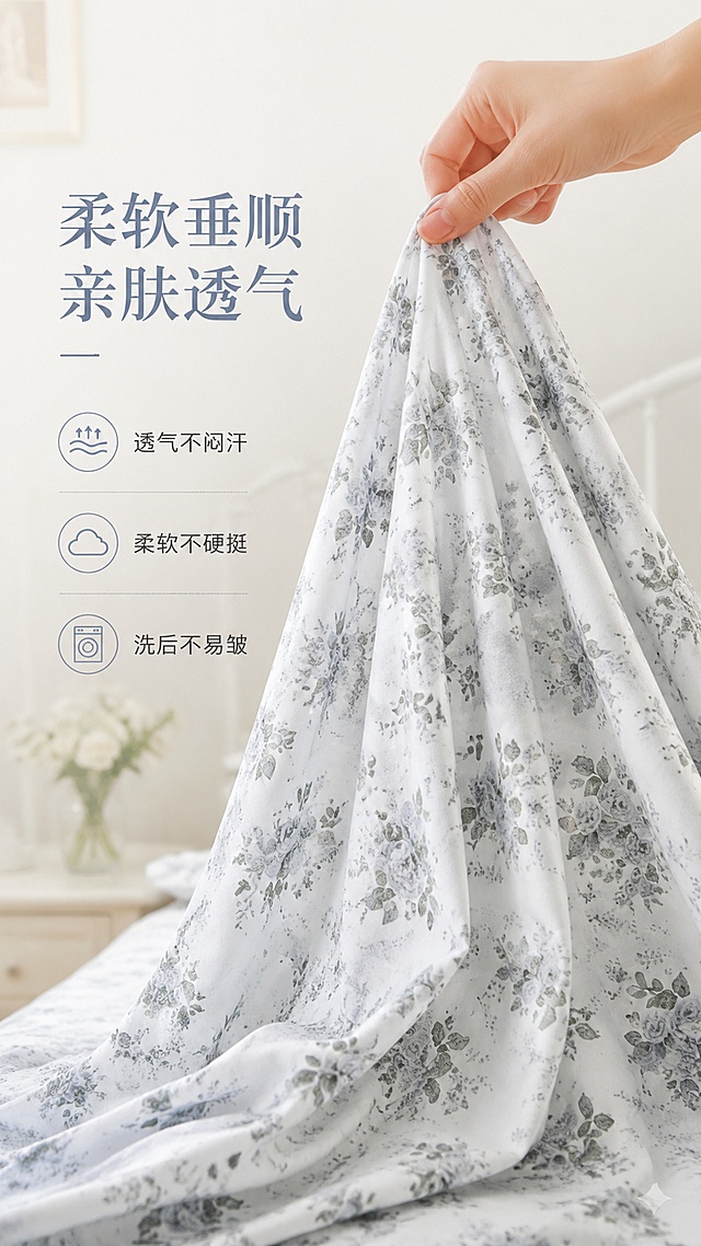 [第4屏] 材质体验-展示面料柔软垂顺质感。本屏使用【图2】局部面料作为参考。
[氛围/风格] 自然生活化，动态感，突出柔软亲肤体验。
[元素布局] 手轻轻提起面料一角，展示面料垂坠感和柔软度；保留原有碎花图案和颜色；背景为浅色卧室环境，突出主体动作和面料质感。
[光影质感] 柔和室内光，随着面料褶皱形成自然光影，清晰展示面料悬垂感。
[配色色系] 全局底色 #F9F7F3；主色浅蓝灰色碎花面料，肤色手作为点缀。
[视角构图] 平视特写视角，焦点落在面料褶皱处，展示动态垂感。
[文字版式] 左侧文字排版：主标题「柔软垂顺 亲肤透气」，分三个卖点小点「透气不闷汗 / 柔软不硬挺 / 洗后不易皱」，每个卖点搭配小图标，清晰易读。
[比例分辨率] 9:16 竖版比例，4K分辨率，文字清晰可辨，高清画质。
[负向提示词] 手势变形，面料质感失真，颜色不对，文字模糊。