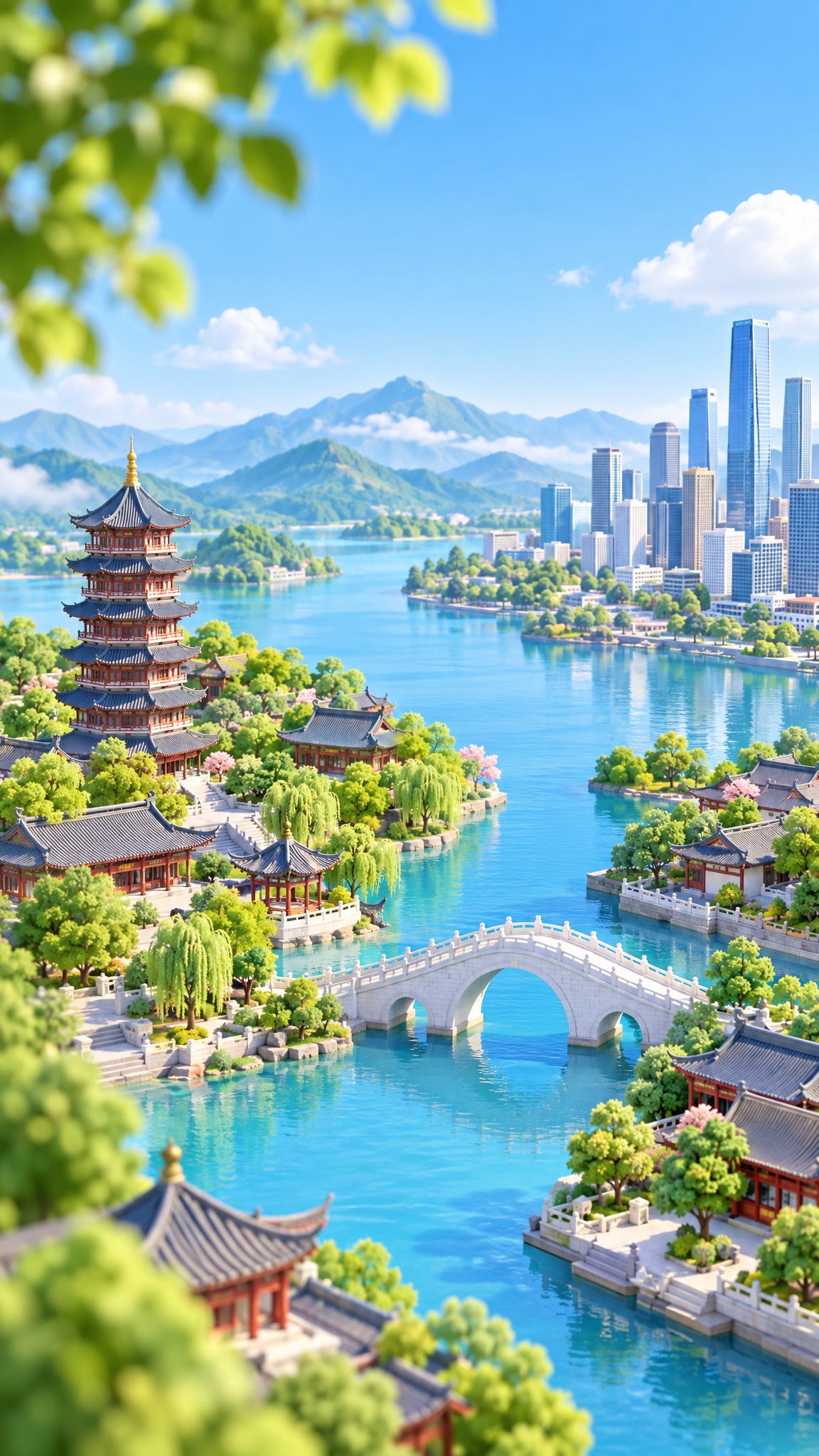 3D卡通微缩景观风格，C4D渲染，晴朗蓝天，左上角有绿色树叶前… - 图片创意预览