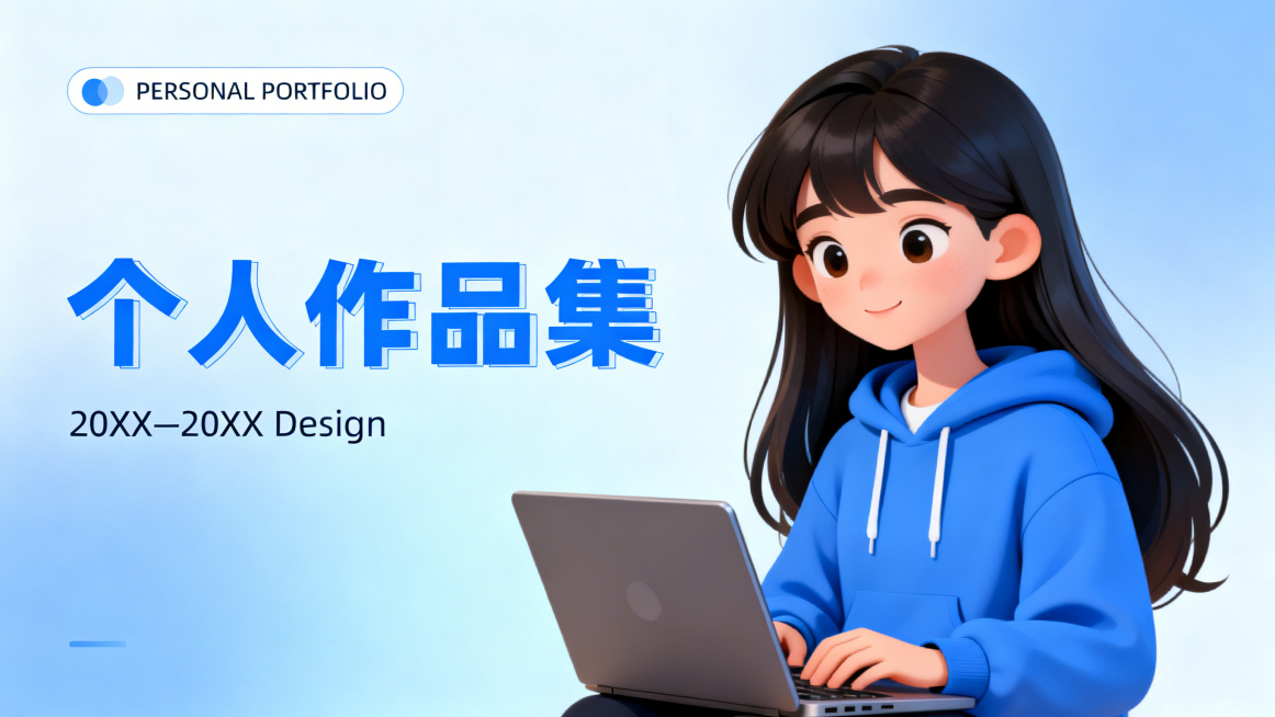 浅蓝渐变为主色调的个人作品集封面，左上角有“PERSONAL PORTFOLIO”标识，核心是蓝色艺术字“个人作品集”，下方标注“20XX—20XX Design”，右侧是一位穿着蓝色连帽衫、使用笔记预览效果