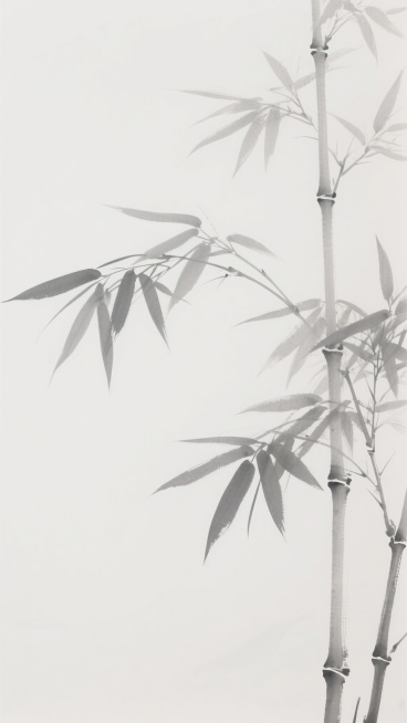 中国传统水墨风格的竹叶背景设计，大面积留白营造出清雅空灵的氛围，淡灰色的竹叶以写意笔触勾勒，叶片形态舒展自然，竹枝线条流畅简练，整体构图遵循中式美学的留白艺术，画面简洁而富有韵味，展现出东方禅意的宁静致远之感，视觉上以极简的设计语言传达出浓郁的中式文化气息。预览效果
