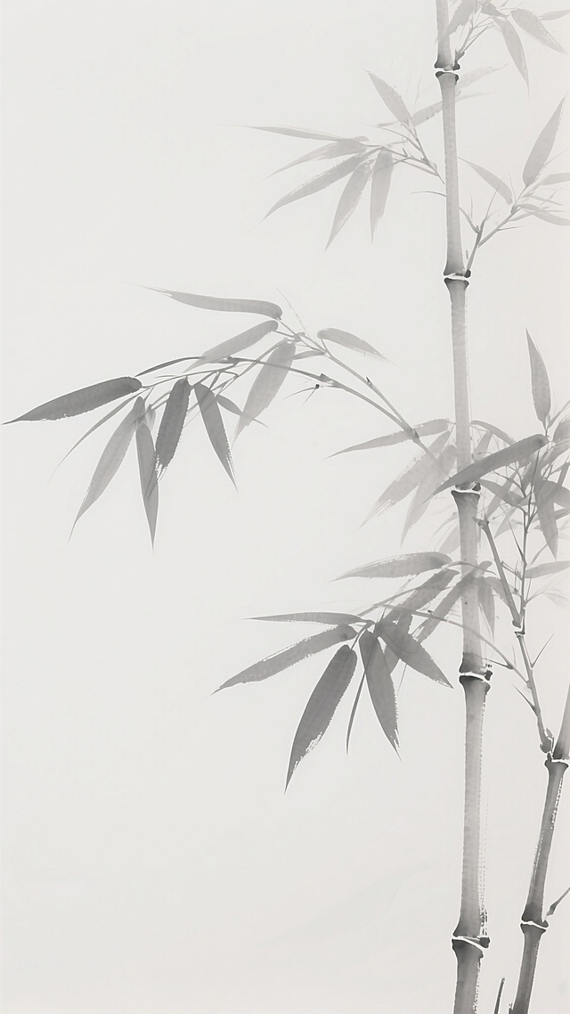 中国传统水墨风格的竹叶背景设计，大面积留白营造出清雅空灵的氛围，淡灰色的竹叶以写意笔触勾勒，叶片形态舒展自然，竹枝线条流畅简练，整体构图遵循中式美学的留白艺术，画面简洁而富有韵味，展现出东方禅意的宁静致远之感，视觉上以极简的设计语言传达出浓郁的中式文化气息。