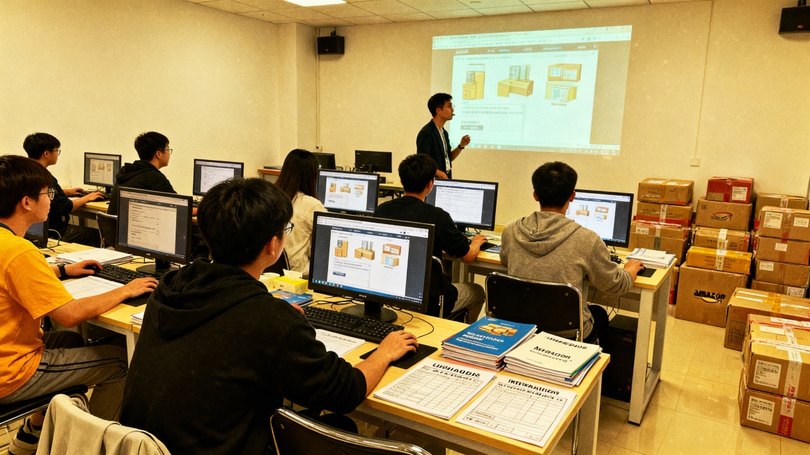 跨境电商实训场景，学生操作电脑编辑亚马逊商品详情页，桌上放着多语言翻译手册、国际物流面单模板，教室角落陈列着打包好的跨境商品包裹，老师在前方用投影讲解海外仓发货流程，复古胶片风格，兼具专业感和校园气息预览效果