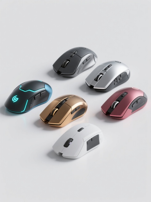 六个不同材质、不同颜色、不同样式的游戏鼠标，白色背景，排列整齐，3D渲染，具有金属光泽和塑料质感，高光和阴影对比强烈，现代科技感设计，精准的几何形状，细节丰富的按键和滚轮，平滑的表面过渡，清晰的产品轮廓，专业的产品展示风格，光线均匀柔和，无LOGO和文字。预览效果