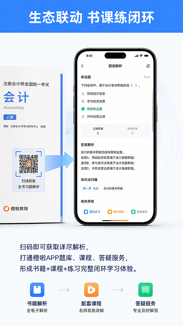 [第5屏] 详情页卖点屏，展示"全电子解析+生态联动"核心卖点。
[氛围/风格] 现代科技感学习场景，简洁清晰，突出便捷优势。
[元素布局] 顶部为通栏大标题，中部为手机扫码展示示意图，底部为卖点文字说明。标题占上1/6，手机示意图占中1/2，文字占下1/3。手机展示扫码跳转解析页面的场景，排版突出扫码操作的便捷性，背景干净。
[光影质感] 明亮均匀光线，手机屏幕内容清晰可见，文字清晰无暗区，整体通透干净。
[配色色系] 全局底色 #F8FBFF；标题蓝 #4086FF；文字深蓝 #1E3A8A，手机机身保持经典深色，屏幕白色背景，整体配色清爽。
[视角构图] 从上到下竖版构图，适配9:16手机阅读，标题顶部居中，示意图居中，文字底部排列，符合用户从上到下浏览习惯。
[文字版式] 顶部蓝色通栏标题，白色加粗文字"生态联动 书课练闭环"，居中；说明文字："扫码即可获取详尽解析，打通橙啦APP题库、课程、答疑服务，形成书籍+课程+练习完整闭环学习体验。"分段落展示，字号适中，手机清晰可读。
[比例分辨率] 9:16竖版比例，4K分辨率，文字清晰可辨，超高清。
[负向提示词] 屏幕内容模糊，二维码错误，文字错乱，排版拥挤，颜色偏差，水印。