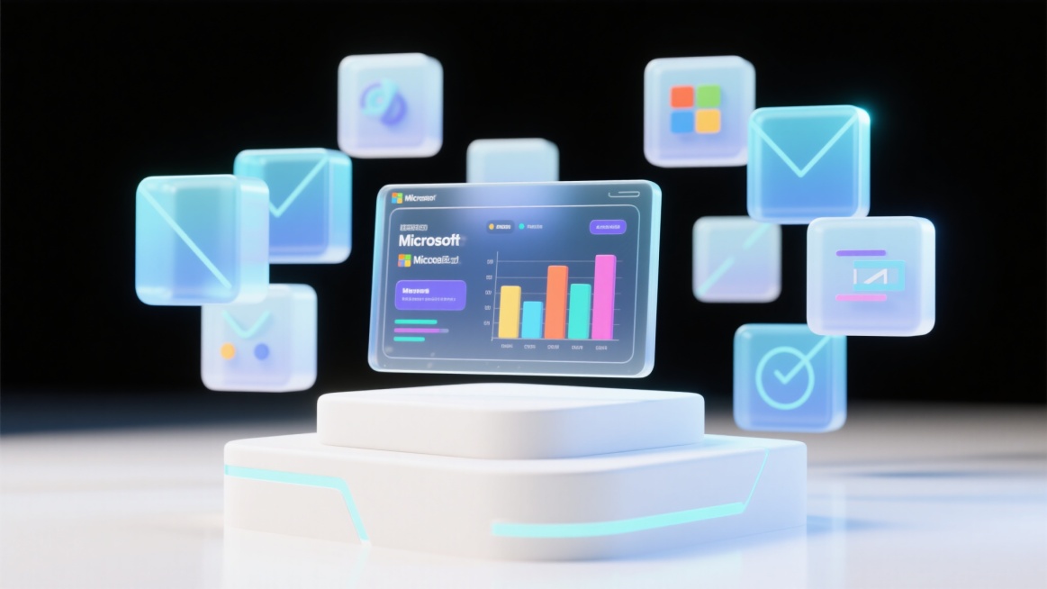 科技风微软风格的UI网页首图，3D立体主视觉，白色极简底座，中央放置矩形透明显示屏，屏幕上显示彩色数据图表和文字信息，周围环绕方形立体透明科技图标块，淡蓝色渐变光效，几何线条装饰，高反光材质，柔和阴影预览效果