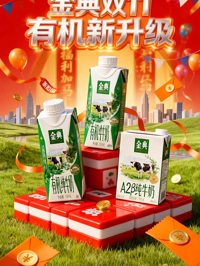 红色麻将随意堆叠成创意展台，主体摆放在麻将展台上（主体占画面比30%，正面视角），红金渐变背景（“福利加马”鎏金字体对联点缀，虚化），自然光影，高饱和喜庆感配色，保证溶图效果。