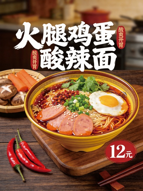 美食产品海报，中心是盛放在黄底带花纹碗里的色泽丰富的火腿鸡蛋酸辣面，表面撒满辣椒碎、白芝麻、葱花和香菜，碗里有切片火腿肠、荷包蛋等菜品，碗置于木质托盘上，左侧搭配红辣椒，背景有竹制托盘装的香菇、胡萝卜预览效果