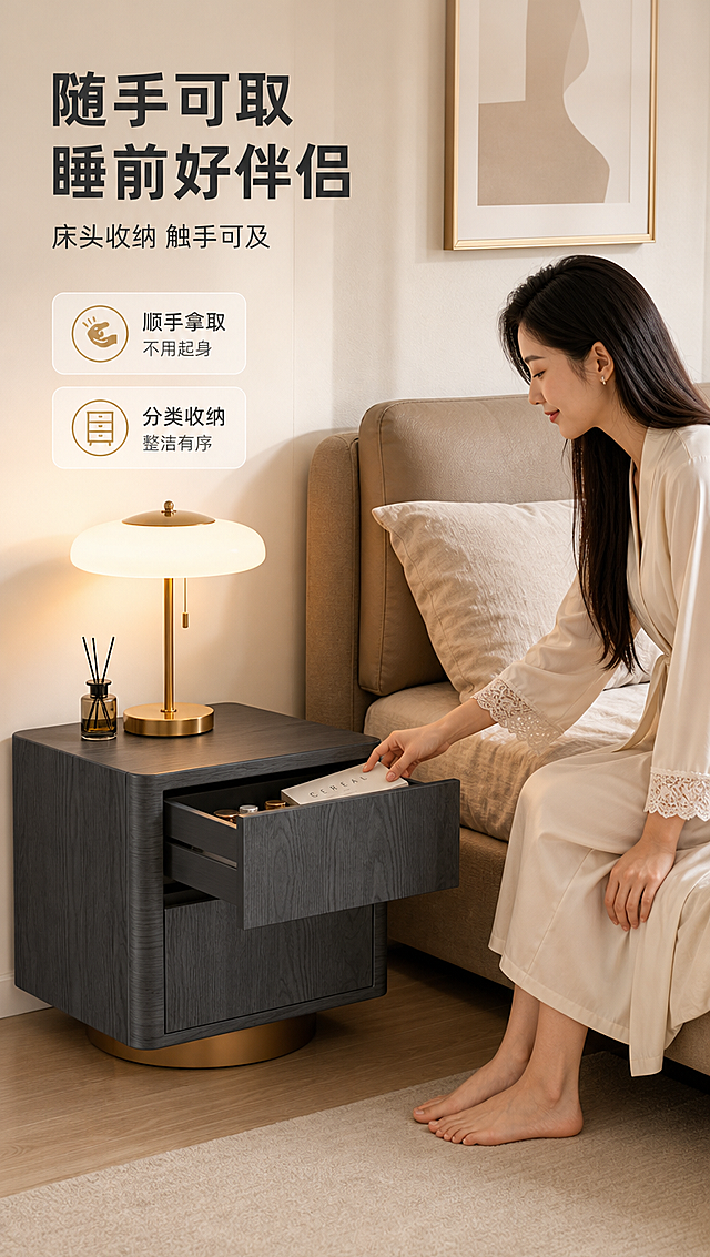 [商品] 使用【图1】DL-8827深灰色双抽床头柜；保留整体方正圆角造型、双抽屉结构、深灰橡木纹理、古铜金色圆形底架；上层抽屉呈拉开状态，不改变产品外观和颜色。
[画面] 目标：场景使用页，真人卧室使用态，体现日常便利性。构图：场景满铺，床头柜放置在卧室床侧；一位亚洲女性侧身坐在床边，手正拉开抽屉取放物品（如睡前读物、护肤品）；产品占画面约45%，角度为侧前方；背景有床品、台灯、装饰画，暖光营造温馨睡前氛围；午后自然光+台灯暖光结合。
[视觉] 套系策略：风格=现代轻奢亮调商业摄影；标题字=现代无衬线粗体；正文字=简洁无衬线体；主色=暖米白；背景延展=基于暖米白做深浅层级、同色渐变和细腻墙面/织物质感；强调色=古铜金，仅用于小面积图标、引线和标签；标题色=深炭灰；正文色=中暖灰；组件=圆角浅底信息卡、细线引线、金色点缀；光影=左前侧暖柔光，明亮通透。
[文字] 左上角主标题「随手可取 睡前好伴侣」，副标题「床头收纳 触手可及」，2个短卖点：「顺手拿取 不用起身」「分类收纳 整洁有序」；文字压在左上角空白处，不遮挡人物和产品主体。
[规格] 图片比例9:16竖版，4K分辨率，负向提示：避免变形、错字、文字过小、冷蓝/蓝灰背景、产品颜色改变、结构失真、暗调压抑、人物面部模糊。