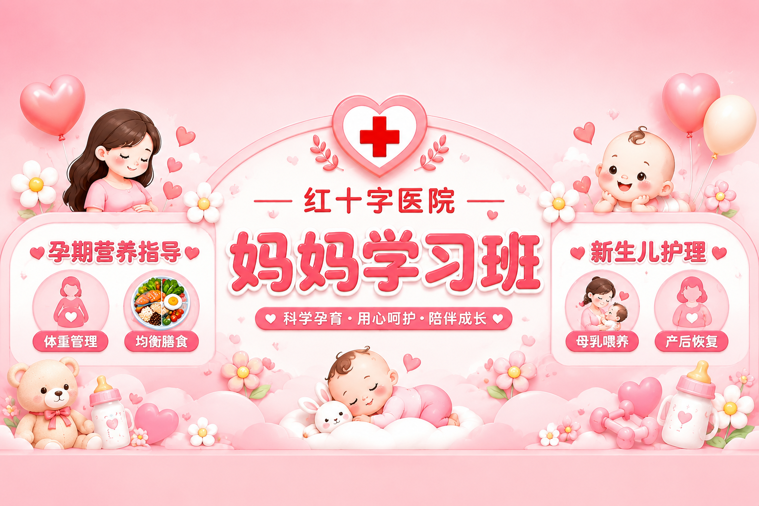 红十字医院妈妈学习班桌前直播展板，横版75cm×120cm比例… - 图片创意预览