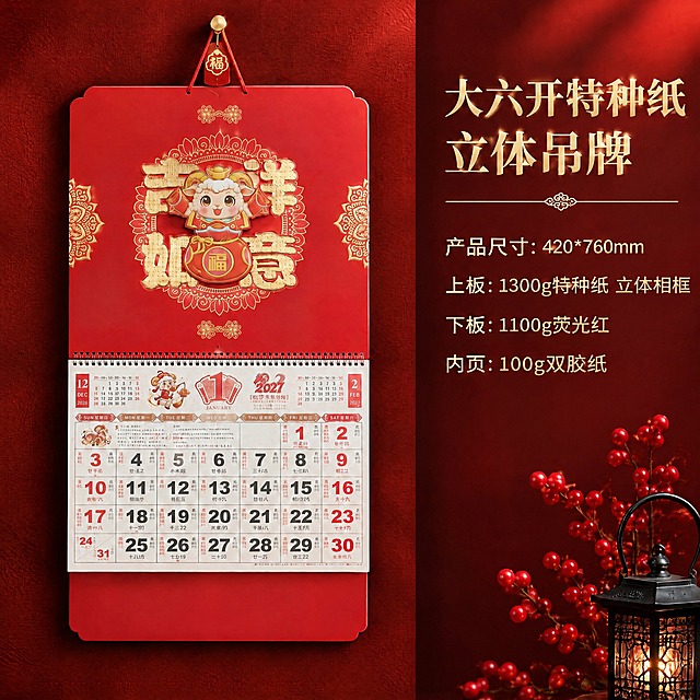电商产品详情主图，左侧展示大六开特种纸立体吊牌挂历实物，右侧展示产品参数文字信息，左右分栏布局，整体版式与参考图完全一致。左侧挂历严格参照上传产品图（吉祥如意款），完整保留所有可见组件、部件、轮廓、结构、比例、材质、颜色与产品本体上的所有文字信息，与上传图完全一致，绝不删减或改动产品本身任何部分，产品规格420*760比例严格保持不变，绝对不允许拉伸变形，立体相框的立体浮雕效果完整保留。挂历通过红色挂绳悬挂于深红色高级肌理背景上，挂绳顶部有金色挂扣和红色福字吊牌装饰。右侧文字区域为深红色背景配金色文字，从上到下依次为：大标题"大六开特种纸立体吊牌"，产品尺寸:420*760mm，上板:1300g特种纸 立体相框，下板:1100g荧光红，内页:100g双胶纸。右下角点缀红色浆果与黑色金属小提灯装饰，营造新中式喜庆高级氛围。画面整体比例1:1正方形构图，左右分栏布局，左侧产品占约60%宽度，右侧文字占约40%宽度，产品为绝对视觉焦点。4K写实光追，商业级电商主图质感，暖金色柔光突出挂历立体浮雕与烫金工艺细节。