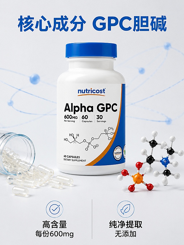 [主图-2] GPC胆碱核心成分展示主图。
[氛围风格] 科学专业成分解析风格，干净通透。
[画质] 商业摄影质感、光线柔和通透、产品清晰真实、画面干净高级。
[元素] 主产品瓶身放置在画面中上部，瓶身下方左侧展示倒出的透明胶囊颗粒，右侧放置甘油磷酸胆碱分子结构式模型，保持产品外观与输入产品图绝对一致，杜绝任何变形和色差，精细化处理。背景是纯净浅灰白色，点缀淡蓝色分子运动轨迹线条，简约不抢主体。商品主体占比约60%。
[光影] 均匀柔和影棚布光，瓶身和胶囊有柔和高光和自然投影，结构清晰通透，没有杂乱阴影。
[配色] 浅灰底+蓝色线条，提取产品蓝橙配色标注核心信息，配色协调统一。
[视角构图] 平视略微俯视，整体居中构图，信息分区清晰。
[文字版式] 顶部主标题写"核心成分 GPC胆碱"蓝色粗体；瓶身下方分两栏左文右图：左栏写"高含量 每份600mg"，右栏写"纯净提取 无添加"，黑色小字清晰排列，背景不加色块，保持干净简约。
[输出要求] 3:4比例，文字清晰可辨，超高清商业摄影质感。
[负向提示词] 变形，文字错乱，产品图模糊，背景杂乱，水印，电商平台Logo，夸大疗效宣传。