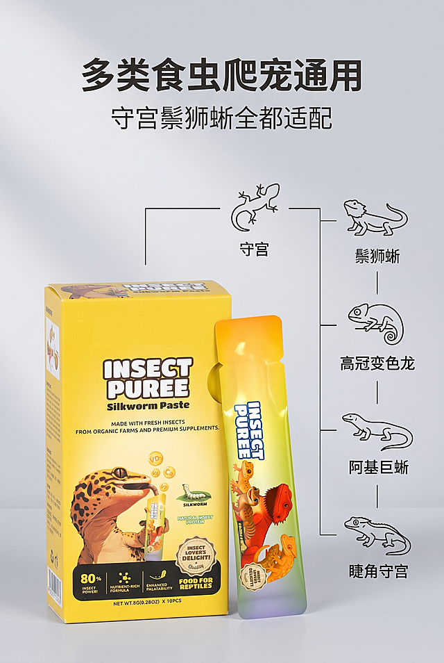 严格还原上传产品参考图，精准复刻包装设计、产品配色，去掉品牌logo，保留其他图案元素及细节，无任何偏差，色彩无失真；产品与画面中其他物体的比例遵循真实物理空间逻辑，视觉协调，比例还原1:1，杜绝比例失衡、视觉突兀。画面比例为2:3竖版，高级简约ins风，莫兰迪浅灰饲养箱简约场景背景，柔和自然光从画面左侧45°入射，无强反光无重阴影，光影过渡自然，300dpi超高清；主标题居上居中："多类食虫爬宠通用"，副标题下方居中："守宫鬃狮蜥全都适配"；信息布局：左下角放置产品，右侧用简约线条图标罗列适用爬宠品类；排版形式：左下产品右上图文，错落留白排版；设计细节：场景低饱和不抢眼，突出产品与文字信息，全篇风格统一。15屏色调/字体/光影/装饰元素统一