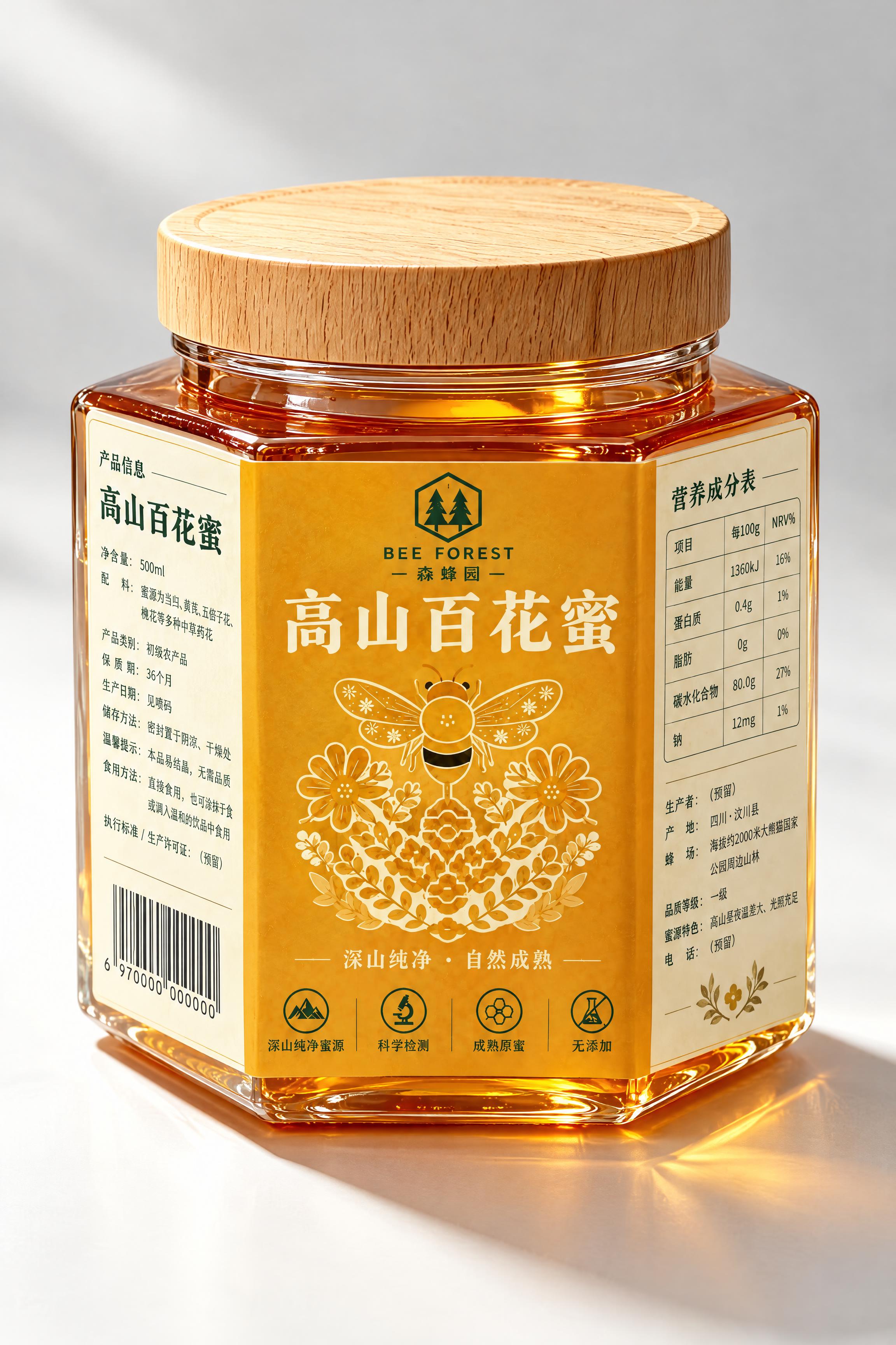蜂蜜商品展示图，六棱（六边形）食品级高透玻璃罐，木纹旋盖，罐内… - 图片创意预览