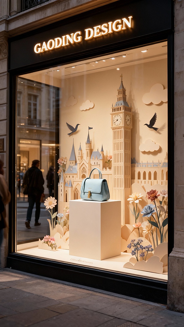 画面中心为街头商店橱窗，橱窗上带有“GAODING DESIGN”灯牌，商品缩小被放置在橱窗内半米高的展台上，橱窗内米色背景、梦幻纸雕装置装饰（欧洲古堡、钟楼、飞鸟、花朵、云朵），橱窗玻璃反射路人，增加了场景的实景感。