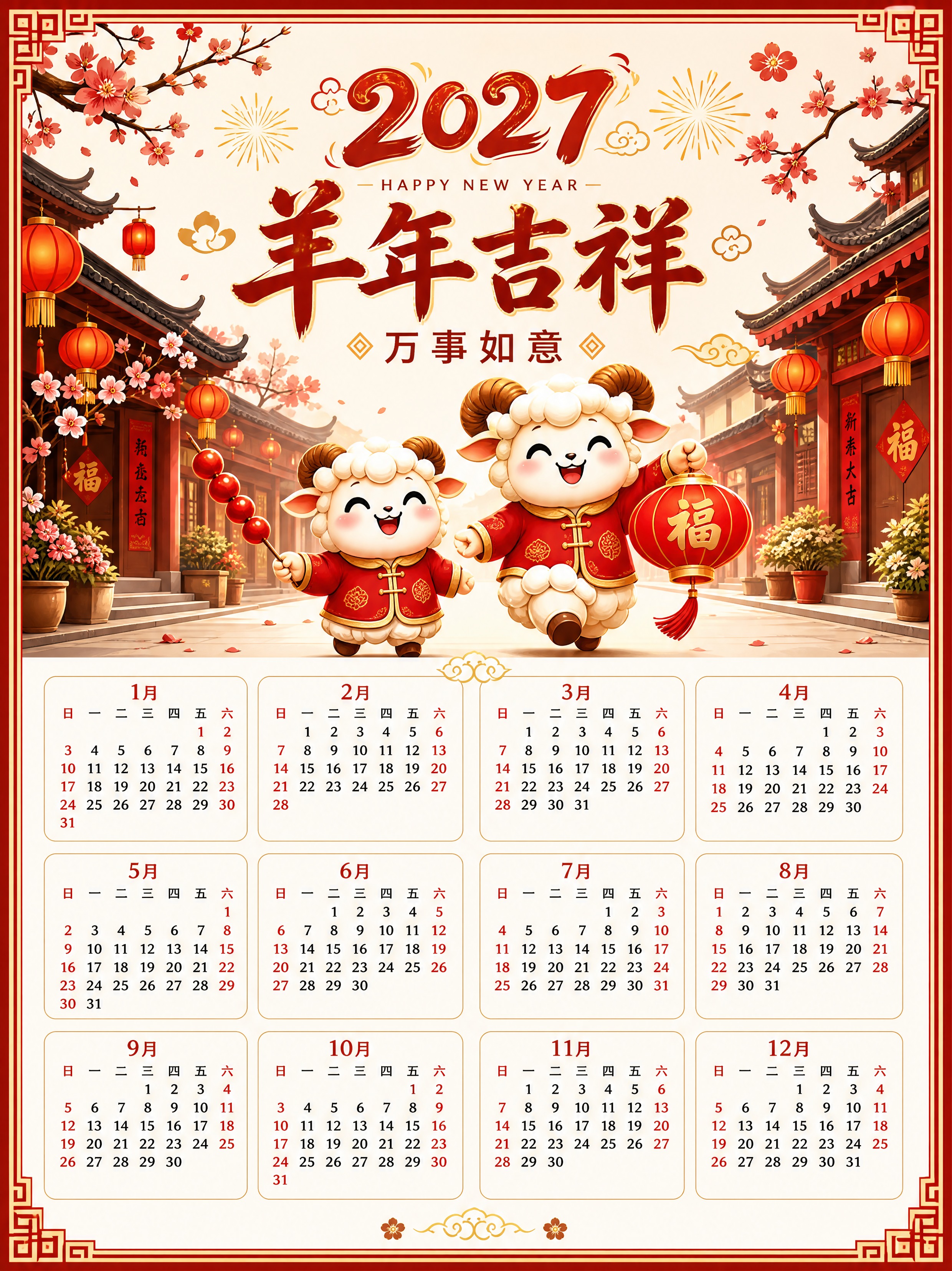 基于参考图重绘一张全新的2027年羊年新年日历，保持竖版上下构… - 图片创意预览