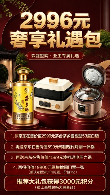 新中式高端促销海报，背景使用用户提供的深红色中式园林背景[图3]，保留园林拱门和绿色植被元素。整体版式参考[图1]的布局：大标题区、商品展示区、卖点信息区从上到下排列。顶栏大标题为"2996元"，主标预览效果