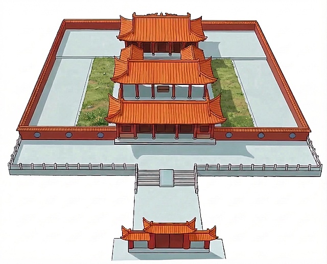将左右两侧的草坪调整得更窄，移动到场地中间位置，两侧留出空地，保留原有中式古建筑、围墙和整体风格不变