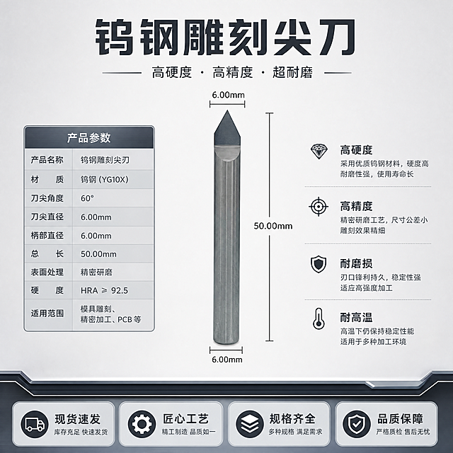 [主图-5] 钨钢雕刻尖刀规格参数与售后信息图，高科技先进技术工业风。
氛围风格：规格信息清晰呈现，增强购买信任。
画质：商业设计质感，信息排版清晰，产品展示清楚。
保持钨钢雕刻尖刀外观（物理结构、材质质感、颜色）与输入产品图绝对一致，刀具主体居中展示，旁边标注尺寸线，底部排列核心优势和售后信息。
光影：均匀布光，产品和信息都清晰可见，无明显阴影遮挡。
配色：冷灰工业风，参数区域浅灰底深灰字，清晰易读。
视角构图：刀具主体居中，尺寸线标注，底部通栏排列四个服务卖点，整体结构稳定清晰。
文字版式：顶部产品型号大字写"钨钢雕刻尖刀"，中部标注尺寸线，底部四个卖点胶囊标签：现货速发 / 匠心工艺 / 规格齐全 / 品质保障，文字居中清晰，整体排版工整。
比例分辨率：1:1 比例，4k 分辨率，文字清晰锐利，画面超高清。
负向提示词：变形，水印，文字错乱，尺寸标注不清，背景杂乱。