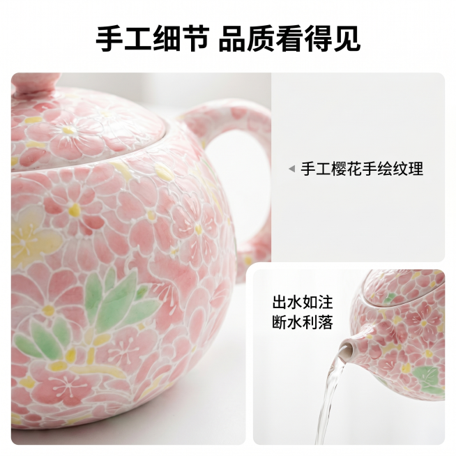 [主图 3] 樱花粉绘西施壶细节特写展示，清新雅致日式和风，背景干净简洁。
[氛围风格] 干净明亮特写，突出手工工艺与材质品质；
[画质] 商业摄影质感、光线柔和通透、细节清晰真实、画面干净高级。
[预览效果