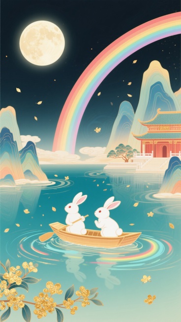 国风奇幻插画，两只玉兔在湖面划船，上方满月照耀，水中有彩虹发光波纹，金色桂花花瓣飘落，宫殿和山峦呈现彩虹渐变色彩，雅致梦幻的氛围，融合漆艺与珐琅质感预览效果