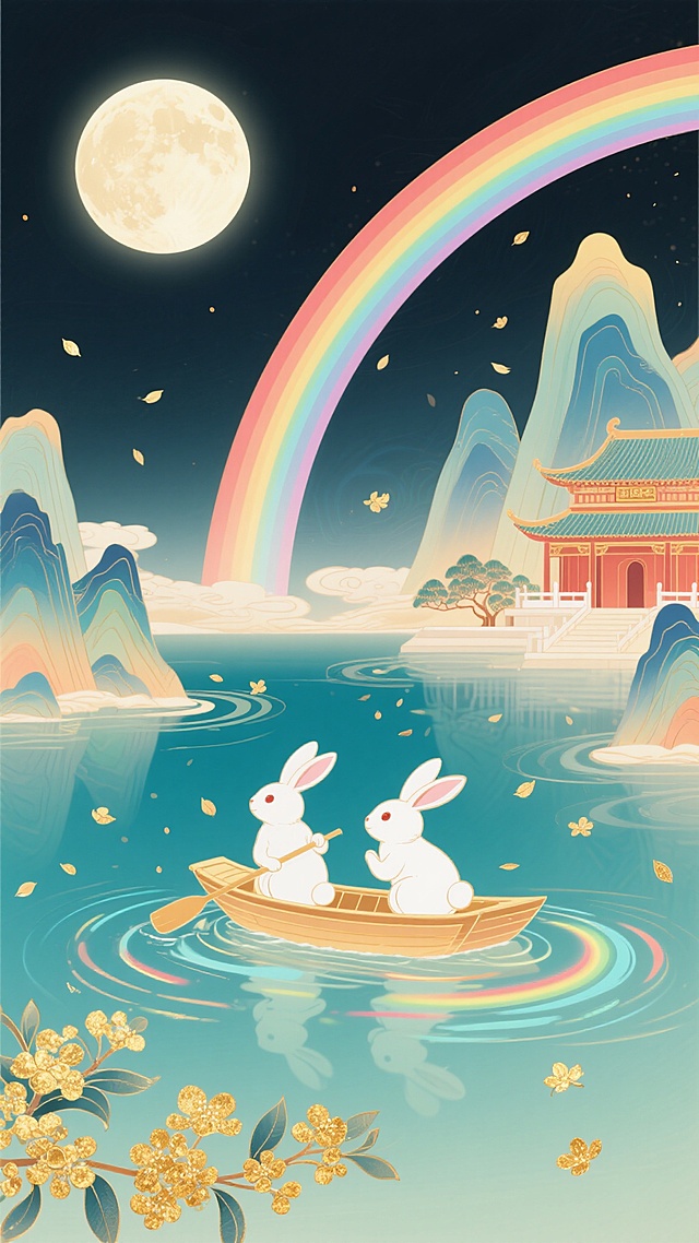 国风奇幻插画，两只玉兔在湖面划船，上方满月照耀，水中有彩虹发光波纹，金色桂花花瓣飘落，宫殿和山峦呈现彩虹渐变色彩，雅致梦幻的氛围，融合漆艺与珐琅质感