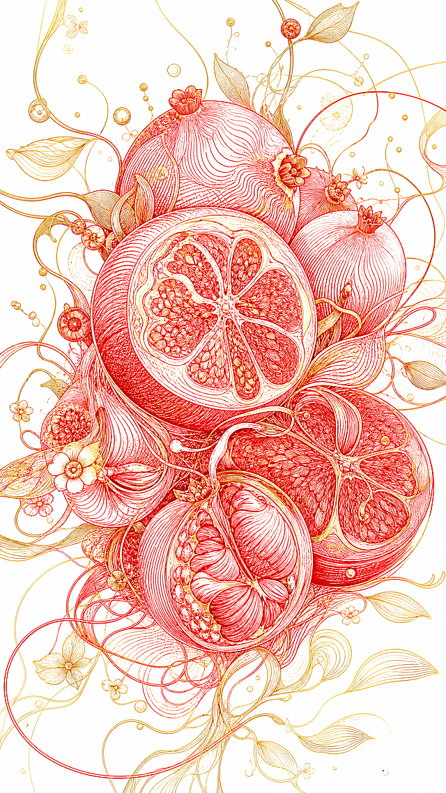 工笔风与描边风融合，以红金为主色，呈现石榴繁盛景象，线条细腻优雅，具中式美感与喜庆氛围，象征团圆与吉祥。