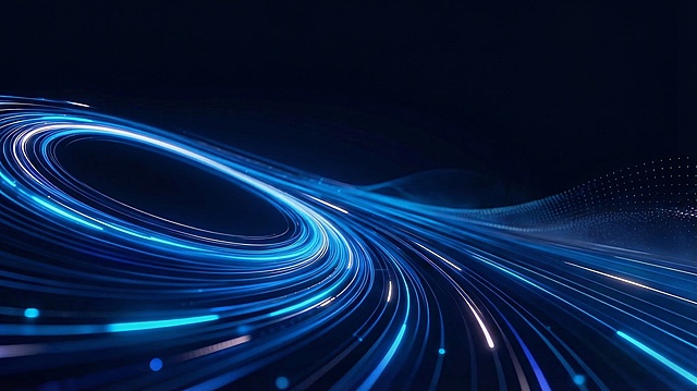 将图片底色修改为黑蓝色，保留原有蓝色发光数据流和光轨效果不变，同时去掉右下角文字