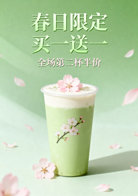 春日奶茶店促销海报，清新治愈风格，淡绿色和浅粉色配色，包含樱花元素，主标题是"春日限定 买一送一"，副标题是"全场第二杯半价"，简约排版，高清商用，画面干净清新预览效果