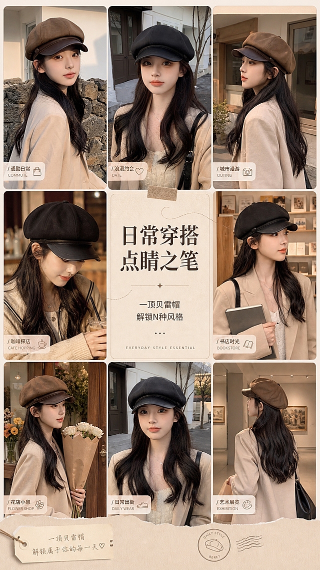 [商品] 使用【图1】【图4】棕色+黑色八角贝雷帽模特图；商品处理：保留各款八角帽型、皮质帽檐和对应颜色；自然理顺帽型，增强质感，不改变版型。
[画面] 目标：场景合集收尾页，多场景佩戴拼图+品牌调性收尾。构图：3×3九宫格拼图（部分格可留白放文字），展示通勤、约会、出游、探店、日常等多场景佩戴画面。画面整体温暖有生活感，像一本穿搭日记的收尾页。
[视觉] 套系策略：风格=韩系简约明亮复古画报；标题字=现代简约宋体粗体（带文艺感）；正文字=简洁无衬线体；主色=暖米棕；背景延展=基于暖米棕做深浅层级、同色渐变和细腻纸张/织物质感；强调色=焦糖棕，仅用于小面积图标、引线和标签；标题色=深棕黑；正文色=中暖灰；组件=圆角浅底信息卡、细线引线、复古标签；光影=各场景暖调自然光统一。
[文字] 中间留白区域：主标题"日常穿搭 点睛之笔"，副标题"一顶贝雷帽 解锁N种风格"，底部小号英文"EVERYDAY STYLE ESSENTIAL"。文字横排，居中排版，有仪式感收尾。
[规格] 图片比例9:16竖版，4K，medium，避免变形、错字、文字过小、冷蓝背景、帽子颜色改变、版型失真、极限词。
