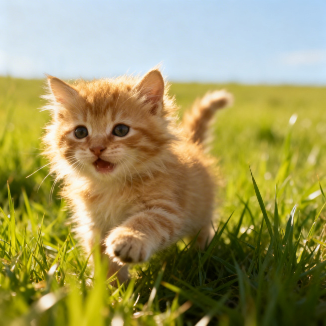一只可爱的小猫在阳光下的草地上玩耍，毛发柔软蓬松，表情灵动自然，背景是绿意盎然的青草地和浅蓝色的天空，整体画面温馨治愈，清晰明亮的摄影风格预览效果