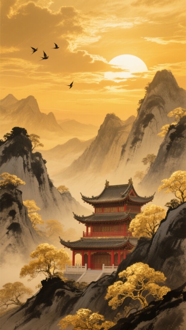 中式典雅风格山水楼阁图，金箔质感的落日云霞铺满天际，呈现出温暖辉煌的金黄色调，群山以水墨写意手法绘制，墨色浓淡相宜，山间点缀着金色渲染的树木，楼阁飞檐翘角，红柱黛瓦，古朴庄重，几只飞鸟掠过天空，增添灵动气息，整体画面层次分明，意境悠远，具有浓厚的东方美学韵味。预览效果