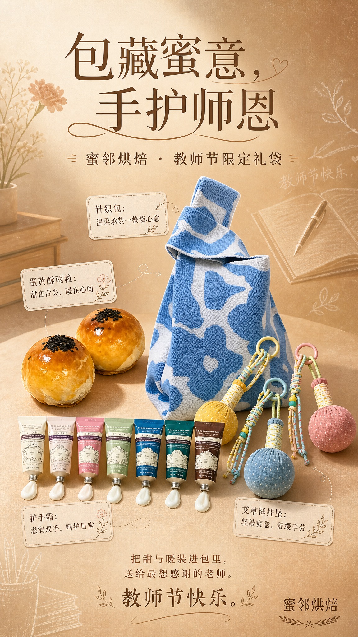 教师节限定礼袋海报，高级感烘焙风格，竖版9:16。画面中下部展… - 图片创意预览