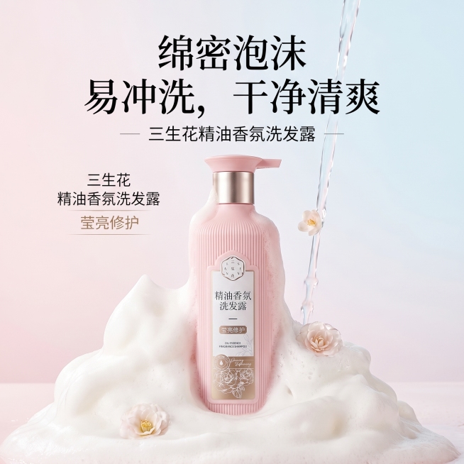 三生花洗发水产品在洁白的绵密泡沫中浮现，文案：绵密泡沫 易冲洗，干净清爽电商视觉预览效果