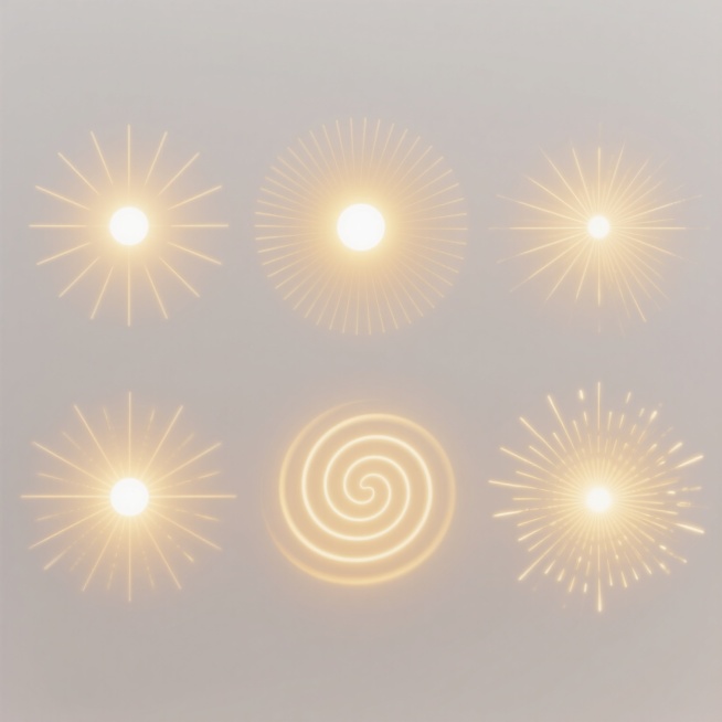 纯白背景，六个同系列放射状光效素材集合规整排布，每个光效均保持半透明渐变质感与柔和朦胧的光影风格，核心为明亮发光圆点，向外呈放射状扩散出细长金色光线，光线疏密有致且带有微妙的颜色渐变，整体色调统一为温暖的金黄色系，各光效造型与角度完全不同，有的光线向上集中，有的向四周均匀扩散，有的呈螺旋状分布，有的光线较短而密集，有的较长而稀疏，有的则在一侧形成不对称放射，所有元素在白色背景上保持清晰的视觉层……预览效果