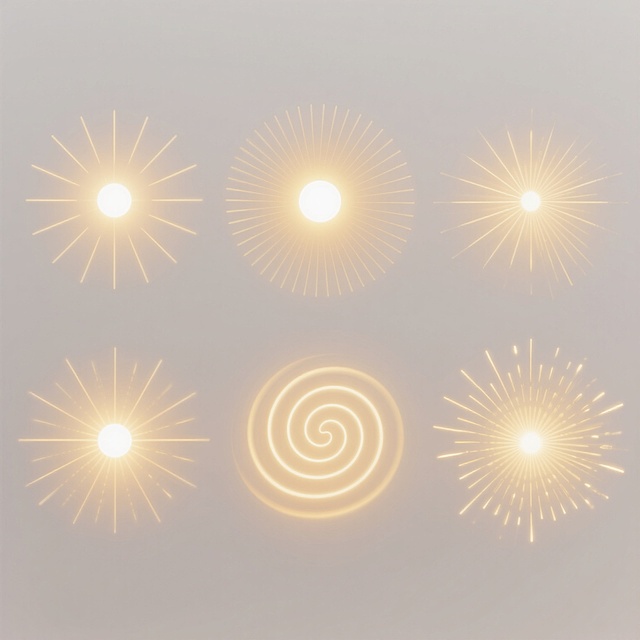 纯白背景，六个同系列放射状光效素材集合规整排布，每个光效均保持半透明渐变质感与柔和朦胧的光影风格，核心为明亮发光圆点，向外呈放射状扩散出细长金色光线，光线疏密有致且带有微妙的颜色渐变，整体色调统一为温暖的金黄色系，各光效造型与角度完全不同，有的光线向上集中，有的向四周均匀扩散，有的呈螺旋状分布，有的光线较短而密集，有的较长而稀疏，有的则在一侧形成不对称放射，所有元素在白色背景上保持清晰的视觉层次与和谐的整体美感，画面简洁明快，光线边缘柔和无硬边，光效中心亮度最高并向外自然衰减。