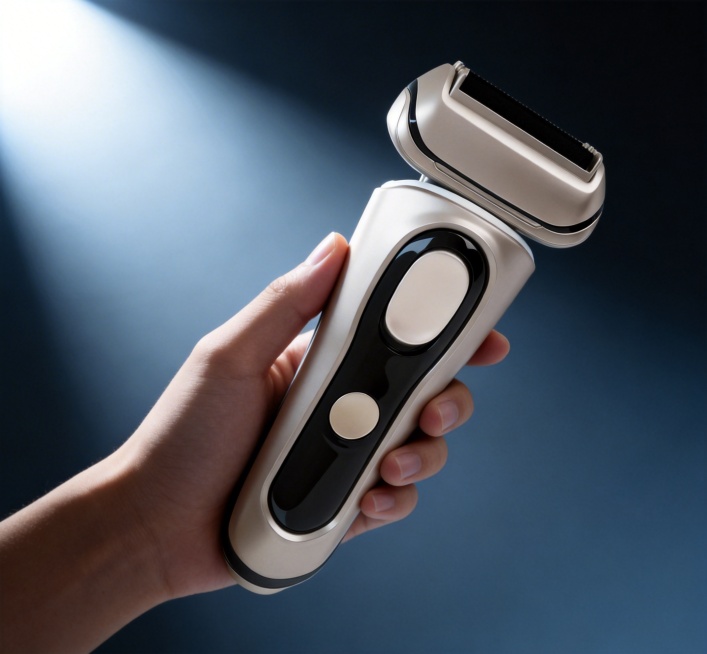 「图片1」主体内容：一只手握着一支剃须刀。场景设定：深色渐变简约背景，左上角有柔和冷光打亮产品。风格参考：高端数码产品商业摄影，写实质感，突出产品精致便携属性。色调色彩：以冷调深灰蓝为背景色。预览效果