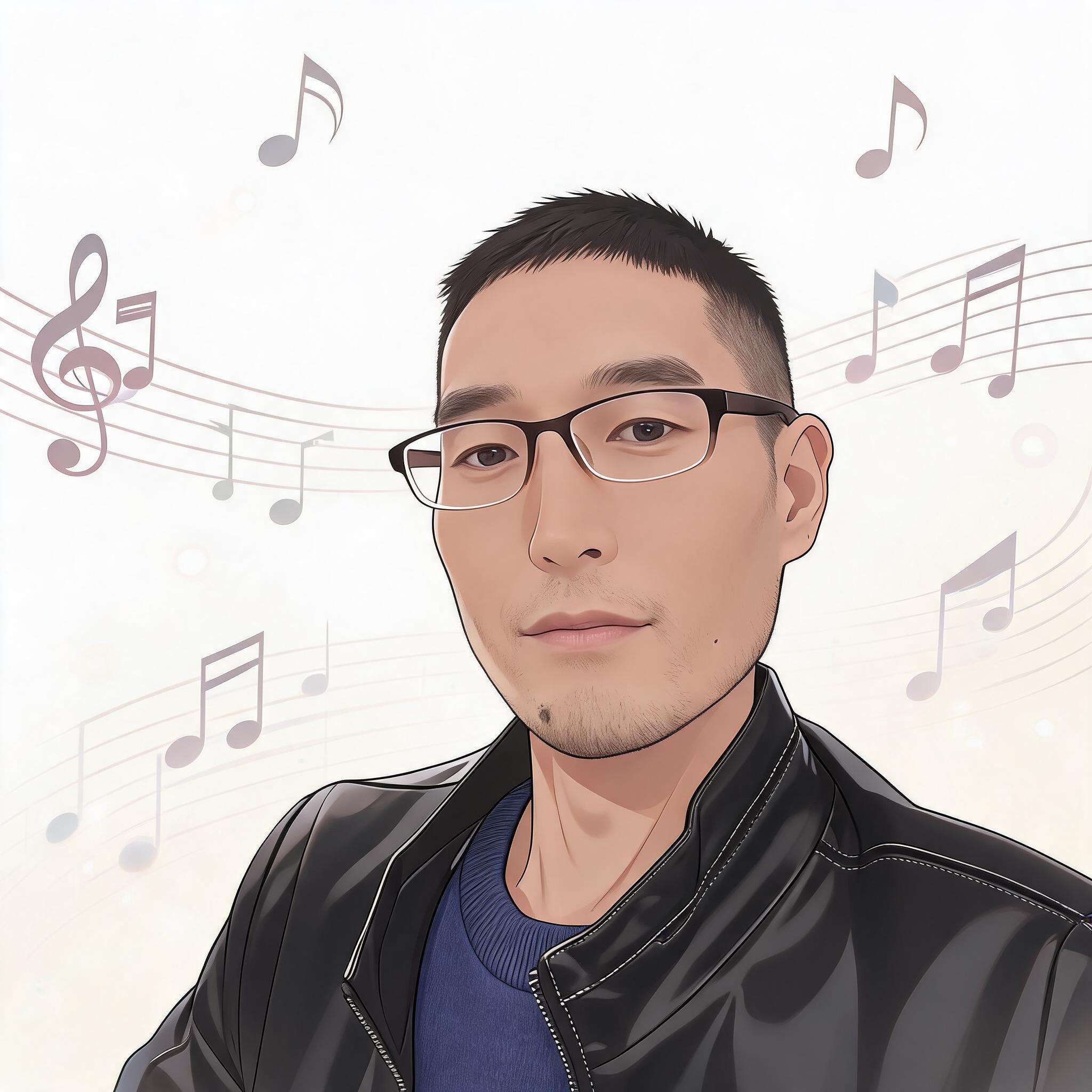 参照上传图片中的男性面部特征，生成一张音乐创作人头像，男性，成… - 图片创意预览