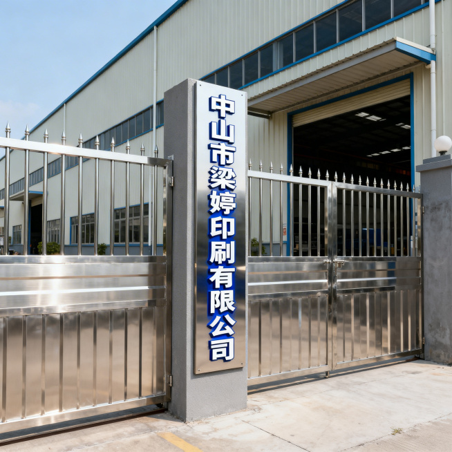 中山市梁婷印刷有限公司，现代化印刷工厂公司入口大门，带有公司名称标识牌，整洁大气的企业入口设计，专业工业风，高清写实摄影风格预览效果