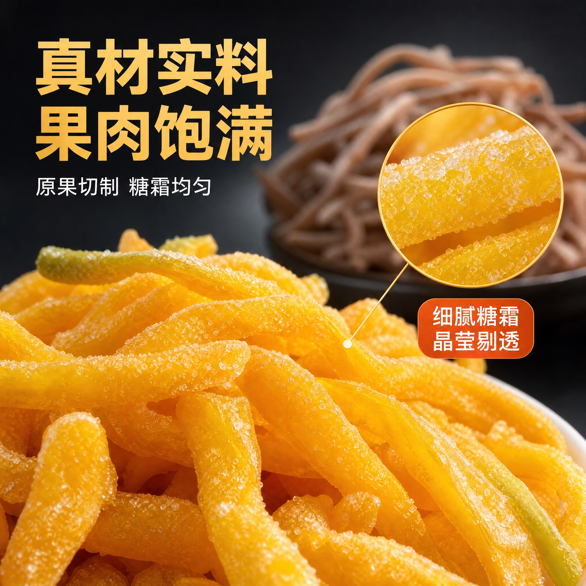 [主图-3] 细节微距图，展示芒果丝与酸梅丝的果肉质感与糖粉细… - 图片创意预览