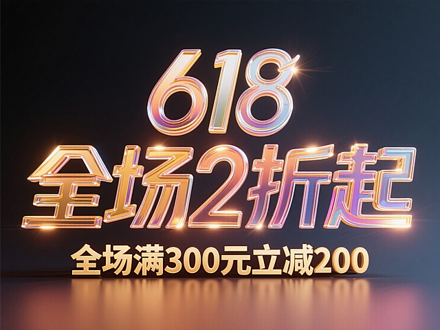 文案“618全场2折起”，文案2层展示，玻璃质感描边，副标题 “全场满300元立减200”底部金色文案，暗色渐变背景