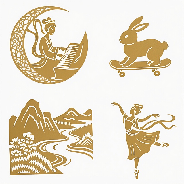 剪影风与剪纸艺术结合，呈现古典中式美学。嫦娥抚琴、玉兔滑板、山水画卷、舞者翩跹，单色设计中融合民族感与现代趣味，唯美优雅，充满文艺气息，呼应中秋节日意境。