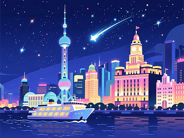 上海滩夜景，东方明珠，海边，游轮，浪漫氛围，梦幻星空，流星