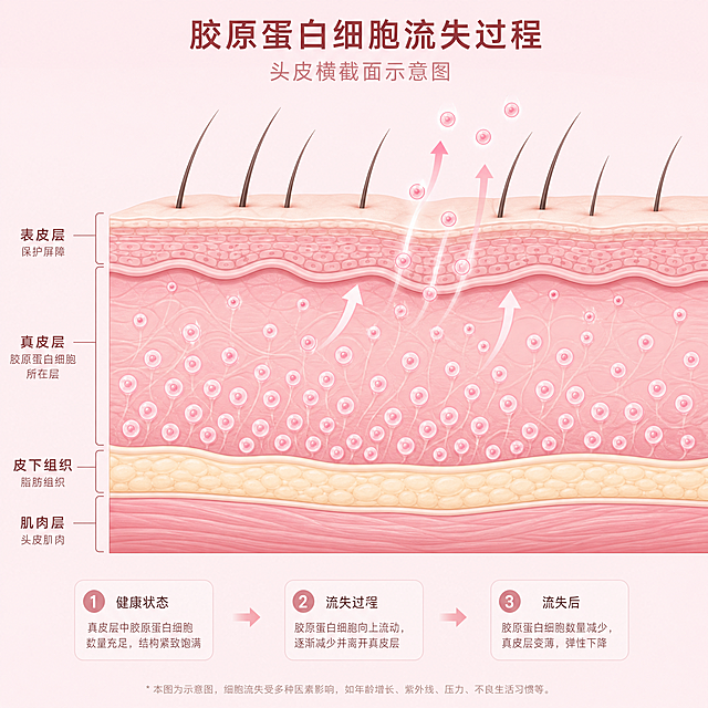 简单医学插画风格，头皮横截面示意图，展示胶原蛋白细胞流失过程。整体粉色色调，柔和的粉红色背景。头皮组织层次清晰可见，真皮层中有许多小小的圆形细胞代表胶原蛋白细胞，部分细胞正在向上流动、逐渐减少，呈现细胞流失的动态感。细胞用浅粉色小圆圈表示，带有淡淡的光晕效果。画面简洁干净，科学插画风格，适合医学科普使用