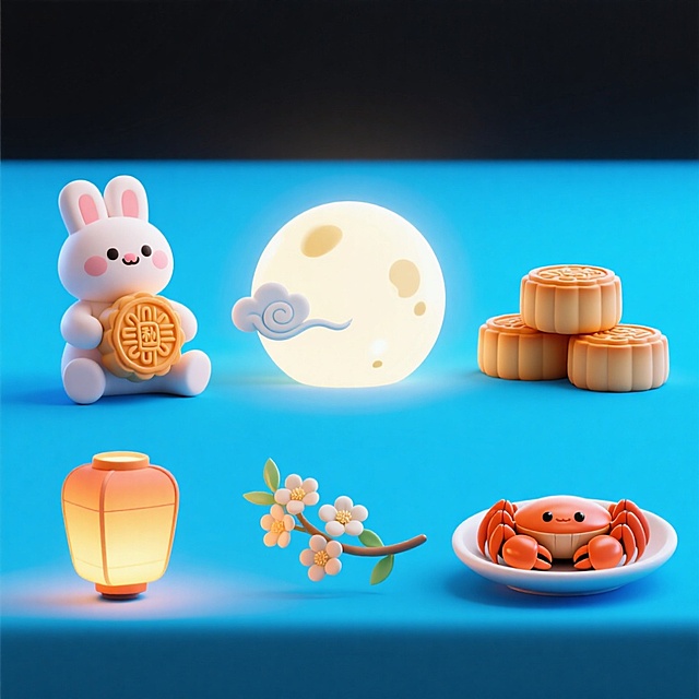 需要6个Q版中秋素材图标，可爱电商促销感。
第1个素材：月兔抱着月饼，坐姿；
第2个素材：月亮（前面有祥云）；
第3个素材：3个月饼堆放；
第4个素材：孔明灯；
第5个素材：桂花；
第6个素材：大闸蟹在盘子里。
画面整体呈现鲜艳效果，淡蓝色背景。上下两行，排列整齐
