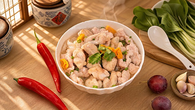 肉片豆泡汤碗严格参照上传产品图，完整保留碗的造型、汤品、肉片、豆泡、肉燕、黄辣椒、香菜、葱花、红辣椒、小果子、蒜碟等所有可见组件、轮廓形状、结构、比例、材质质感、颜色与原图完全一致，自然融入新场景光影。
江南水乡厨房场景，浅木色调，清新雅致氛围。
背景为浅色橡木台面，左上角可见青花瓷罐与竹帘窗格，右侧搭配白瓷汤勺与新鲜青菜，蒸汽柔和。
暖调晨光侧光，产品受光面泛起浅木色、暗部映射米白色光晕，与环境物理融合。
保持原图视角和构图不变，产品位置居中。
4K分辨率，严格锁定宽高比与原图一致。